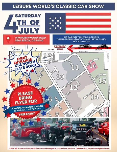 Leisure World's July 4th Classic Car Show flyer July 2026